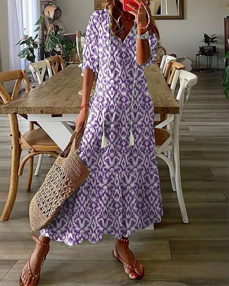 Wolff - Maxikleid im Boho-Ikat-Print mit Quastenbändern | Lässiges Maxikleid im Bohemian-Stil mit V-Ausschnitt