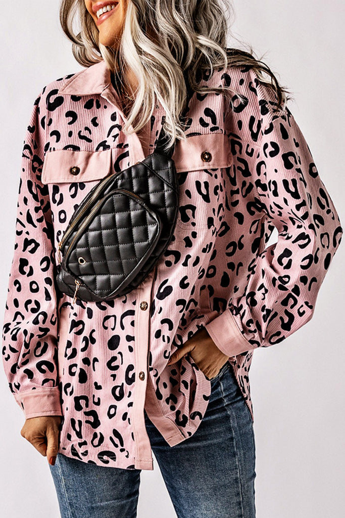 Fascinating pink corduroy jacket with leopard print