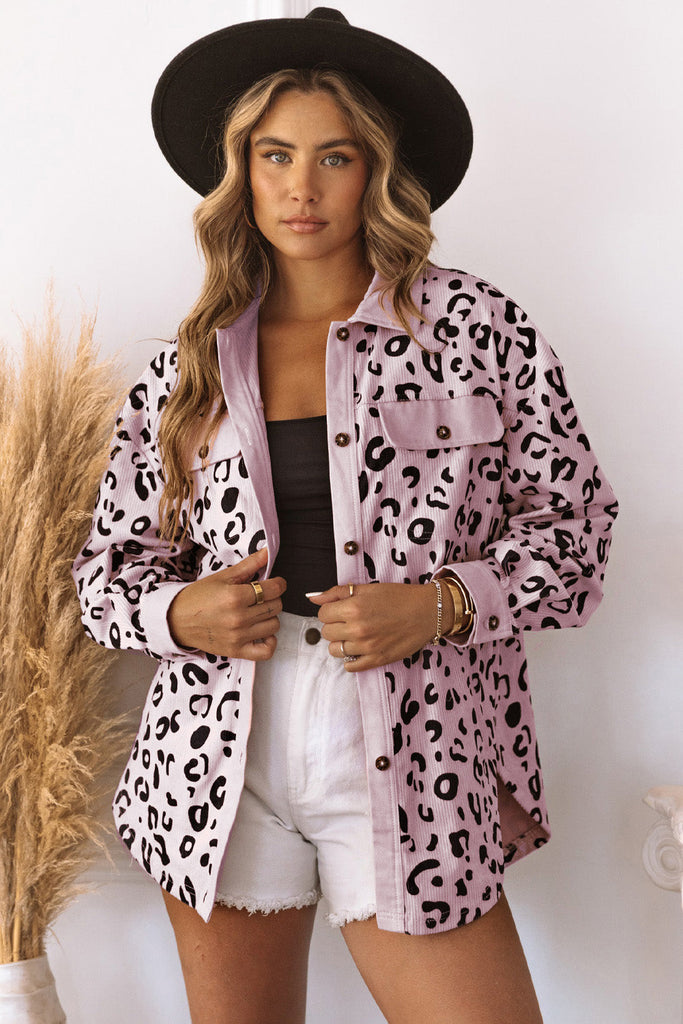 Fascinating pink corduroy jacket with leopard print