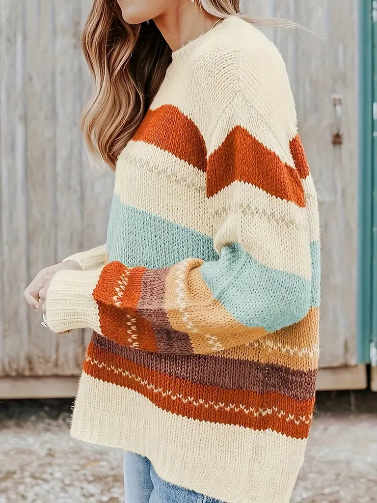 Gestreifte gestrickte Pullover mit Rundhalsausschnitt