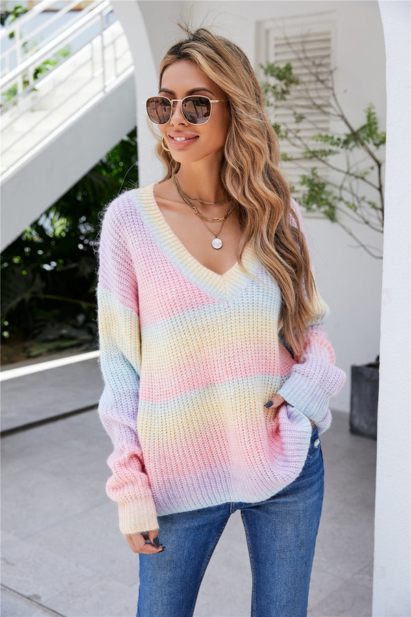 WOLFF Rainbow Patchwork Tie-Dye V-Ausschnitt Pullover