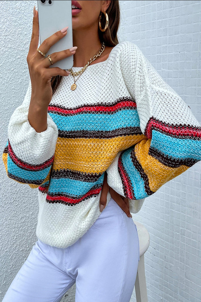 WOLFF Off-Shoulder Kontrast Regenbogen Gestreifter Pullover