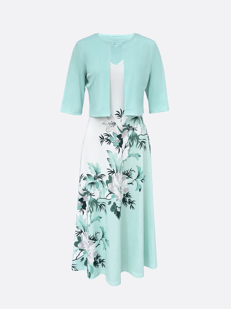 Wolff Kleid | Elegantes turquoise langes Blazer/Kleid-Set mit Blumenmuster