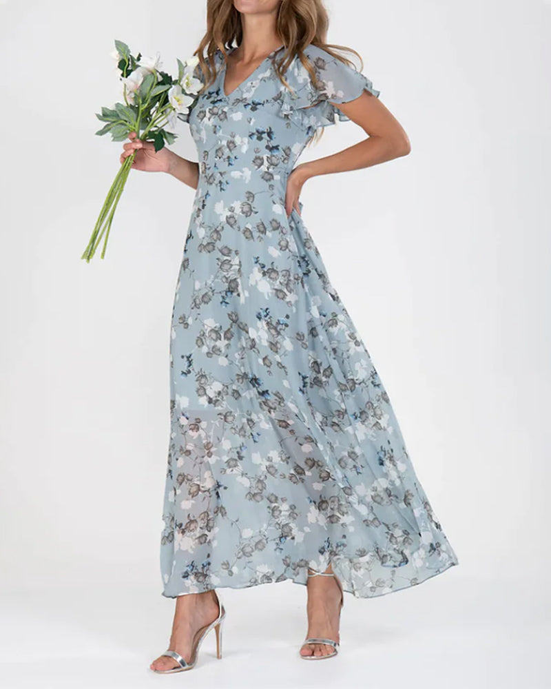 Wolff - Florales Maxikleid Damen | Chiffonstoff luftiges Sommerkleid | Maxikleid mit fließendem Rock