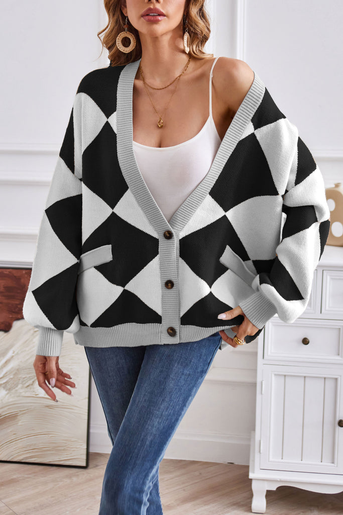 WOLFF V-Ausschnitt geometrisches Patchwork kontrastierender Strickcardigan