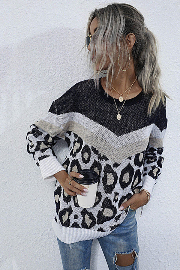 WOLFF Leopardenprint Nähten Langarmpullover