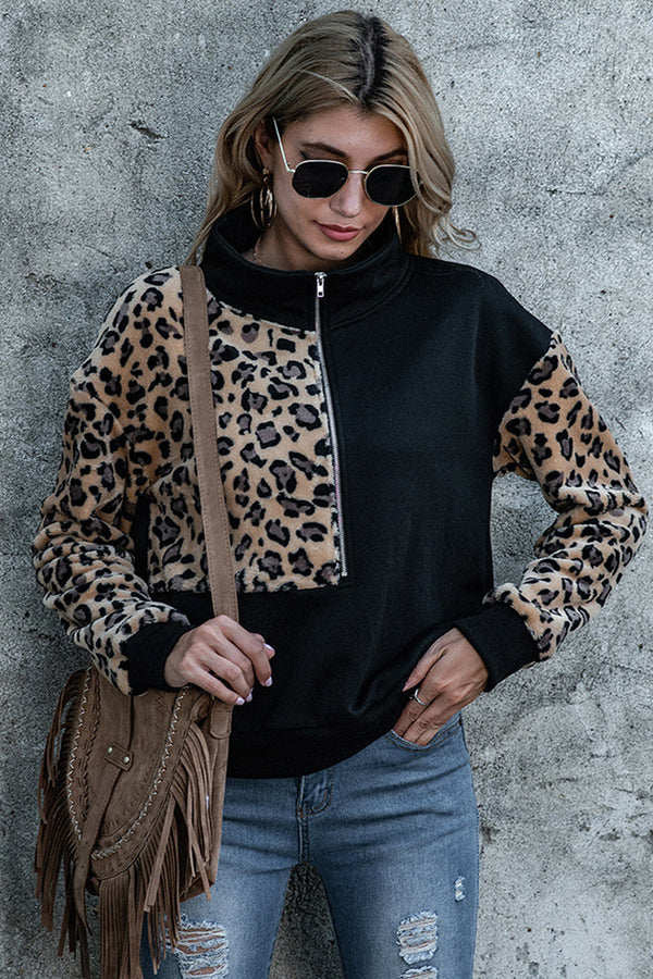 WOLFF Loose Stitching Leopard Print Hoodies