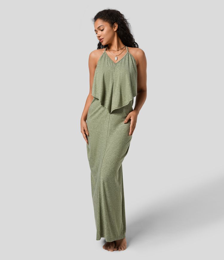 V-Ausschnitt Rückenfreies Band Rücken gerüschtes Maxi Resort Slip Kleid