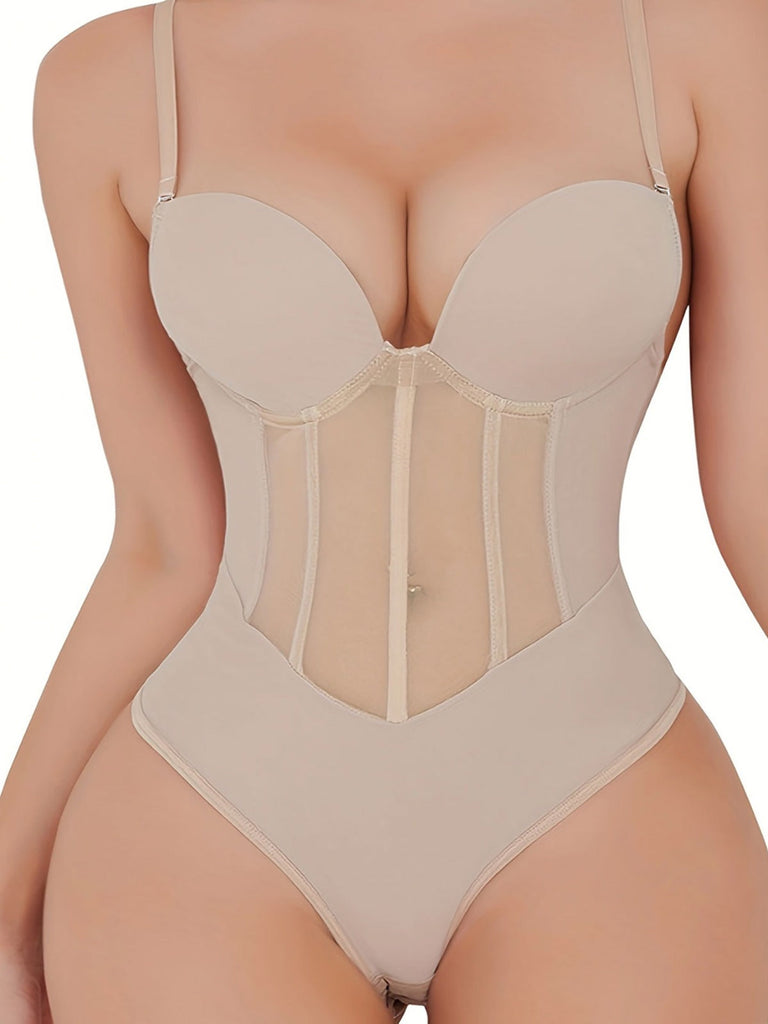 Damen Bauch Kontrolle Tanga schiere Mesh Korsett Top rückenfrei Bodysuit