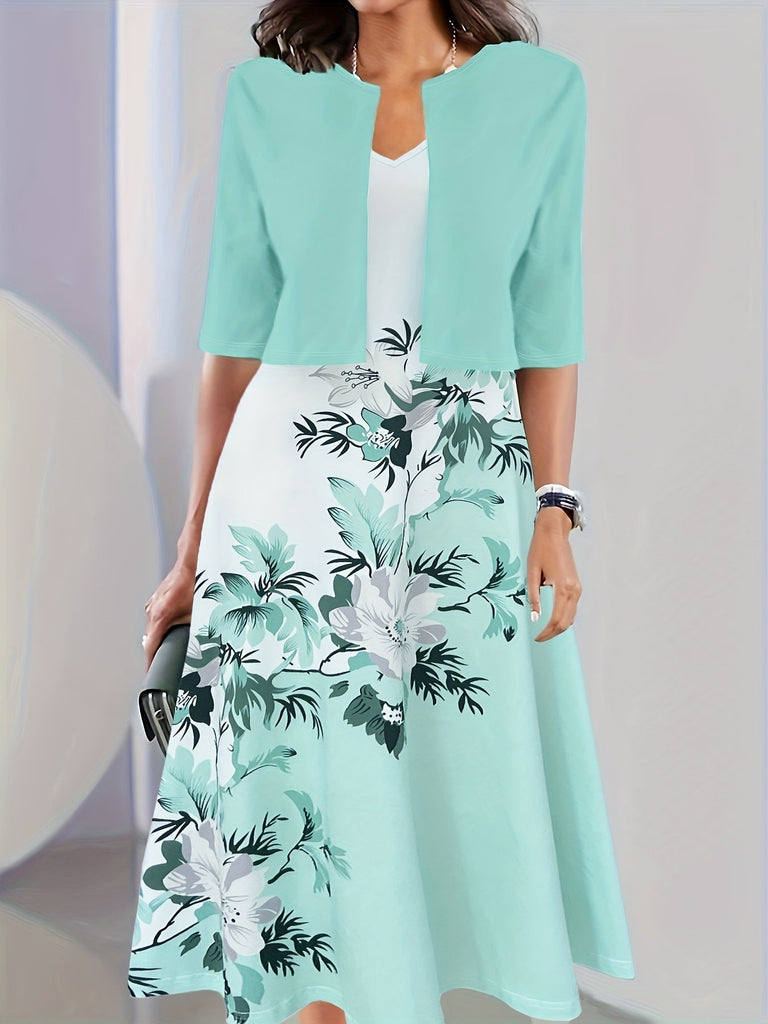 Wolff Kleid | Elegantes turquoise langes Blazer/Kleid-Set mit Blumenmuster