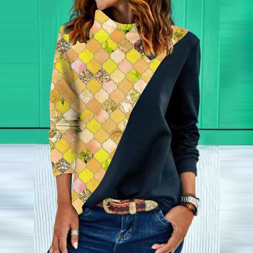 WOLFF | Women's Geometric Design Langarm Bluse mit gerundetem Kragen