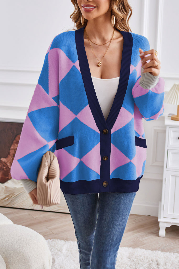 WOLFF V-Ausschnitt geometrisches Patchwork kontrastierender Strickcardigan