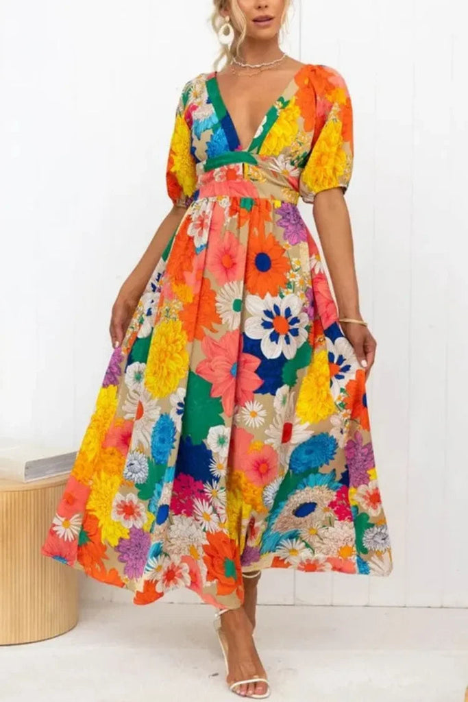 Wolff Floral Sommerkleid | Luftiges elegantes Sommerkleid mit V-Ausschnitt und Bubble Sleeves und Blumendruck