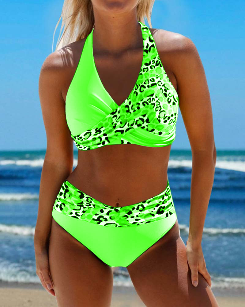 Leoparden-Patchwork-Bikini mit Neckholder