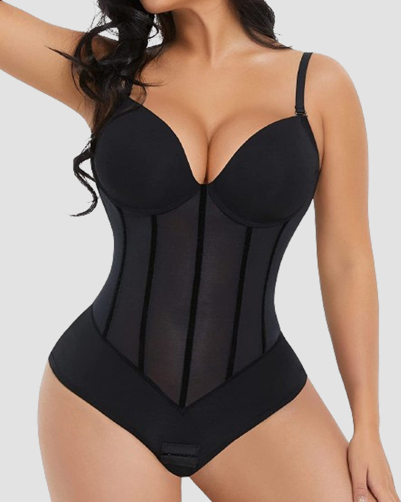 Damen Bauch Kontrolle Tanga schiere Mesh Korsett Top rückenfrei Bodysuit