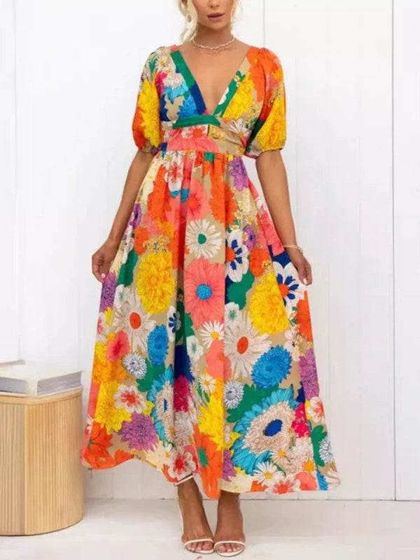 Wolff Floral Sommerkleid | Luftiges elegantes Sommerkleid mit V-Ausschnitt und Bubble Sleeves und Blumendruck