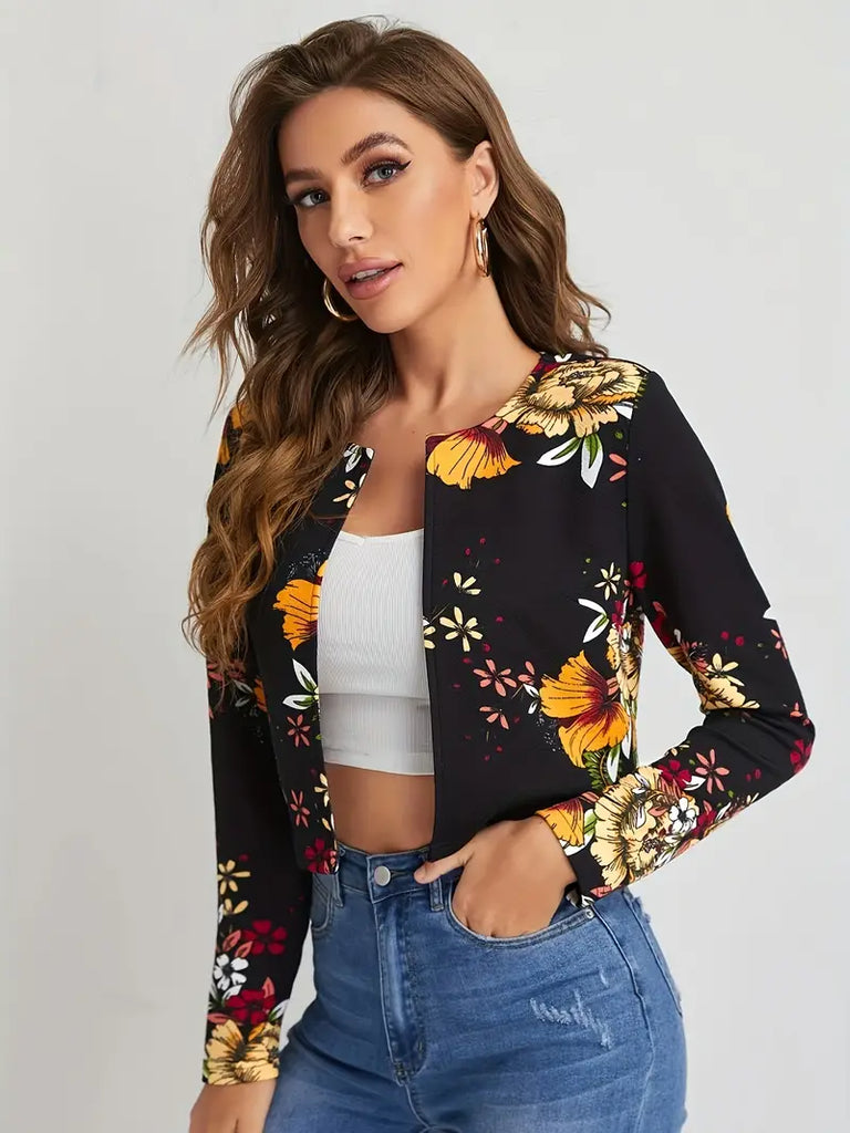 Eleganter, schlichter Blazer mit offener Front und Blumen