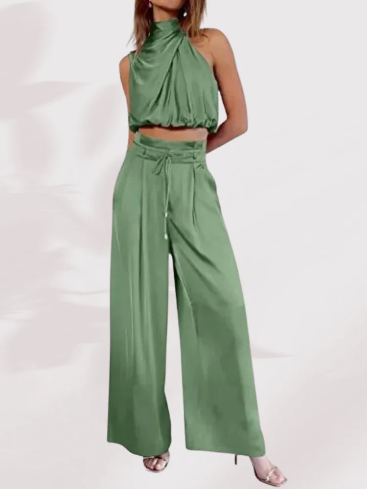 Satin-Plissee-Crop-Top-Hosen mit weitem Bein, zweiteiliges Set