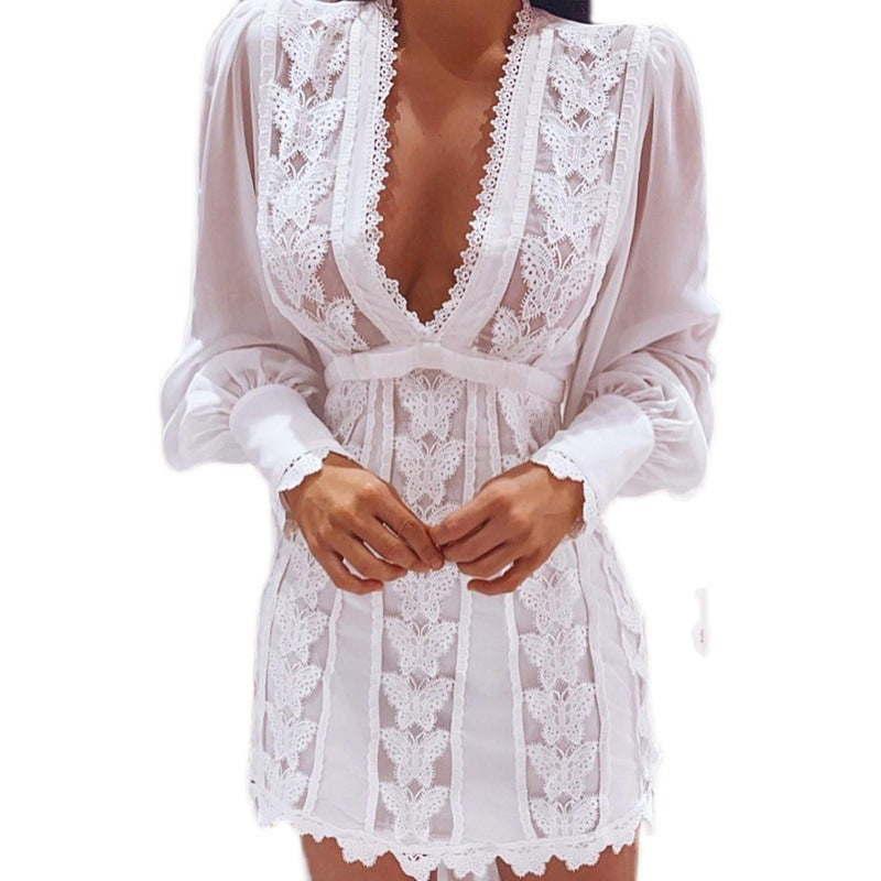 WOLFF | Versatile White Elegant Dresses Sexy V Neck Lace Dress