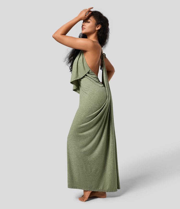 V-Ausschnitt Rückenfreies Band Rücken gerüschtes Maxi Resort Slip Kleid