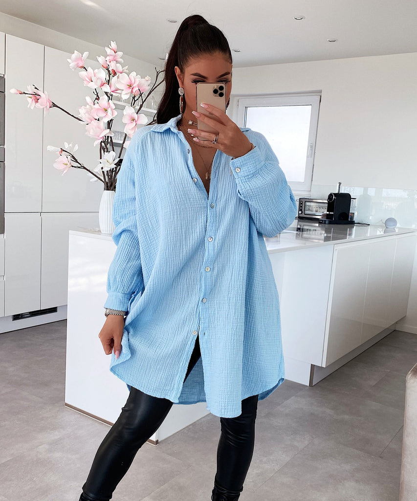 Musselin Bluse Freya Hellblau Lang