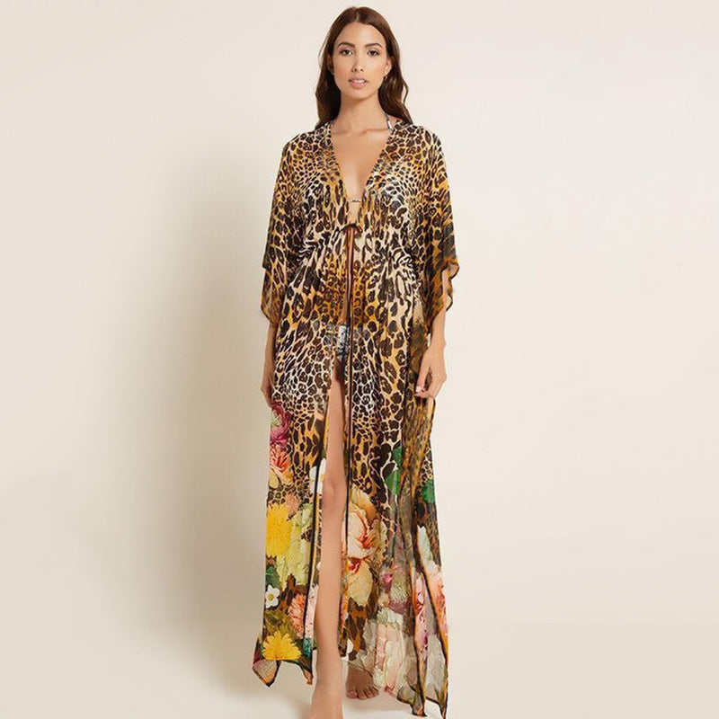 WOLFF | Chiffon Leopard Dot Lose Strand Sonnenschutz Bikini Cover Up Smock