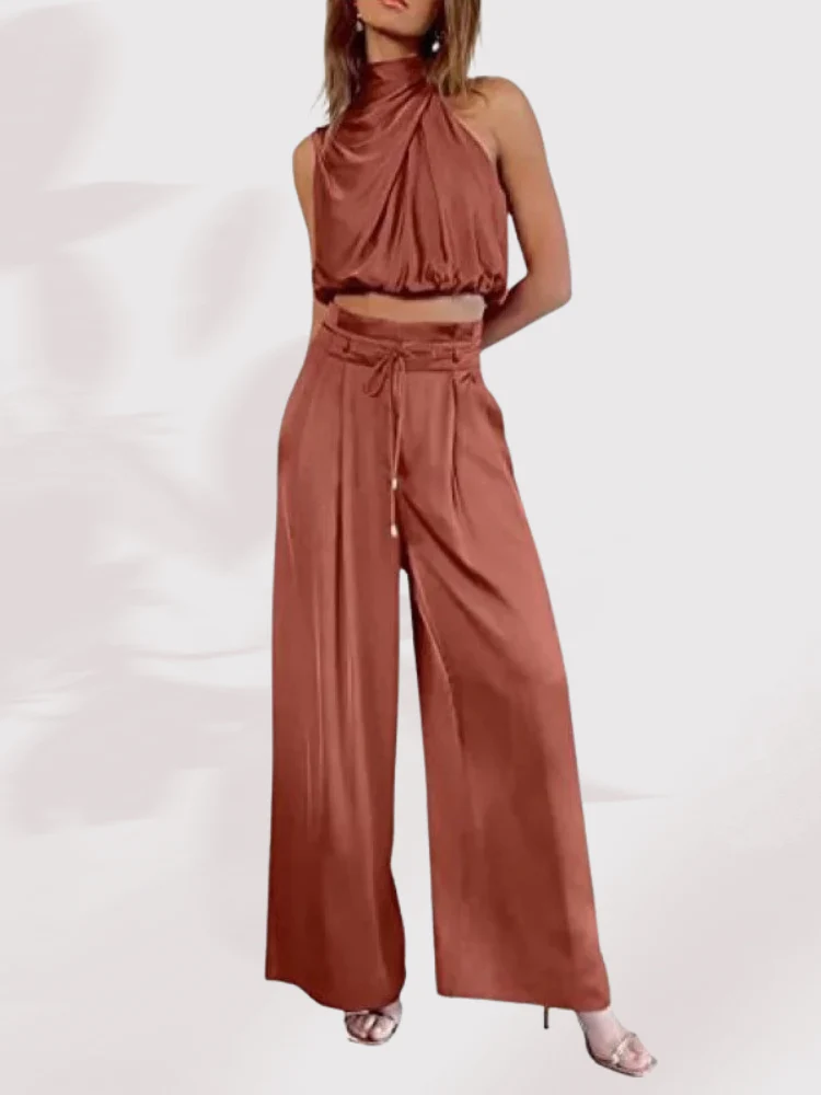 Satin-Plissee-Crop-Top-Hosen mit weitem Bein, zweiteiliges Set