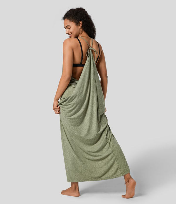 V-Ausschnitt Rückenfreies Band Rücken gerüschtes Maxi Resort Slip Kleid