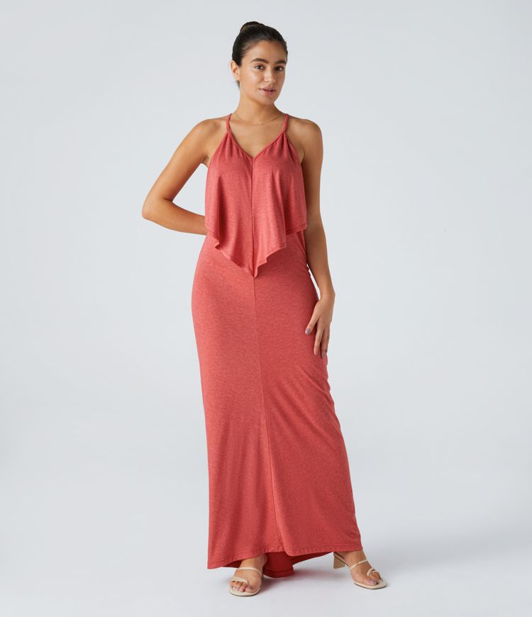 V-Ausschnitt Rückenfreies Band Rücken gerüschtes Maxi Resort Slip Kleid