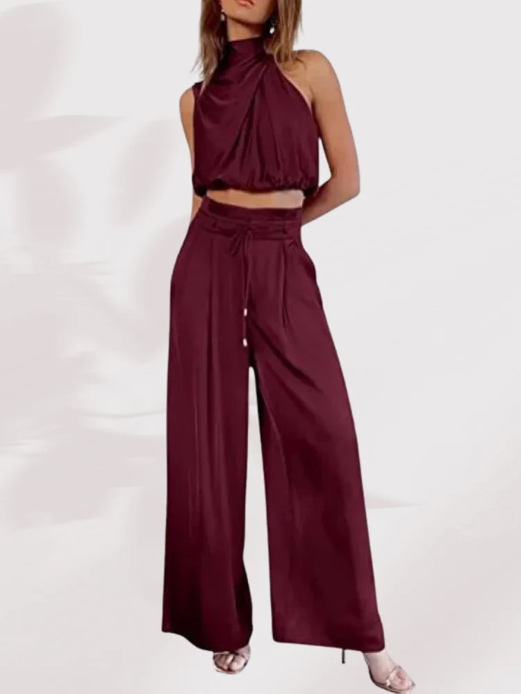 Satin-Plissee-Crop-Top-Hosen mit weitem Bein, zweiteiliges Set