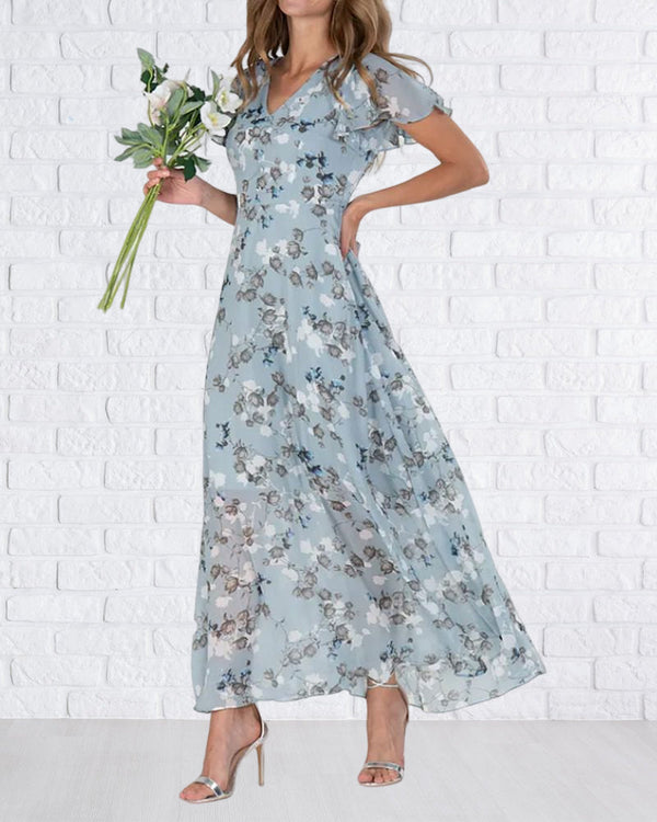 Wolff - Florales Maxikleid Damen | Chiffonstoff luftiges Sommerkleid | Maxikleid mit fließendem Rock