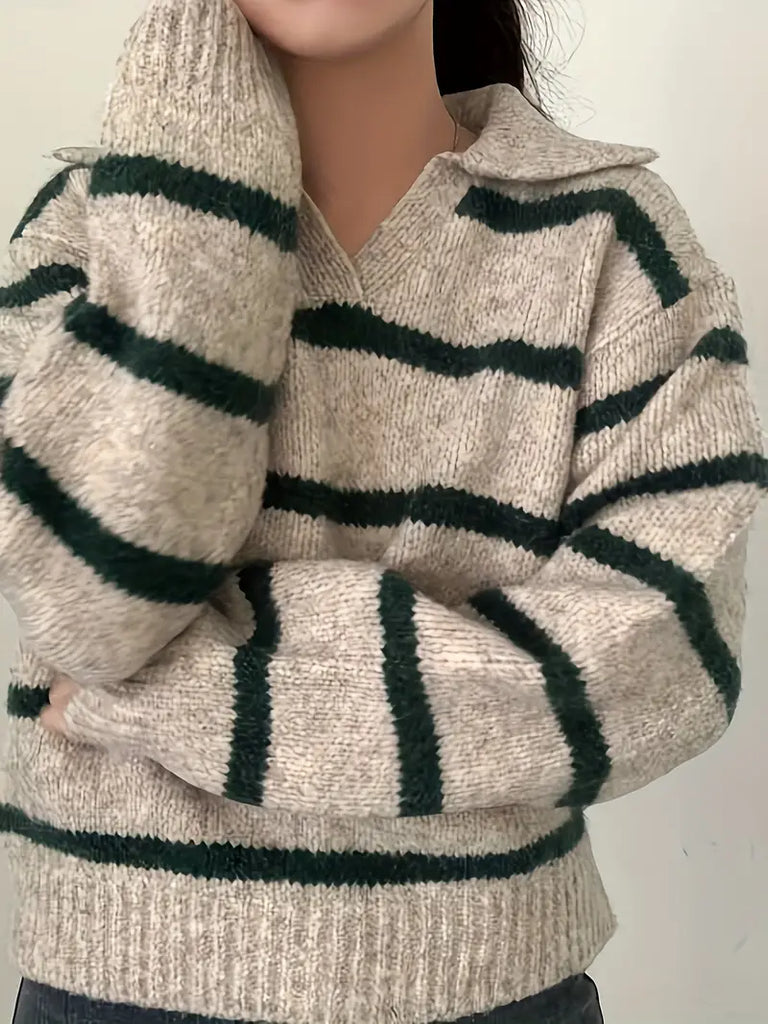 Müheloses Eleganz Gestreifter Strickpullover mit V-Ausschnitt