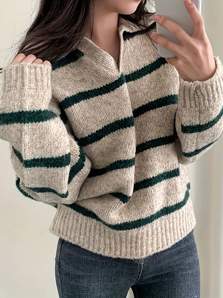 Müheloses Eleganz Gestreifter Strickpullover mit V-Ausschnitt