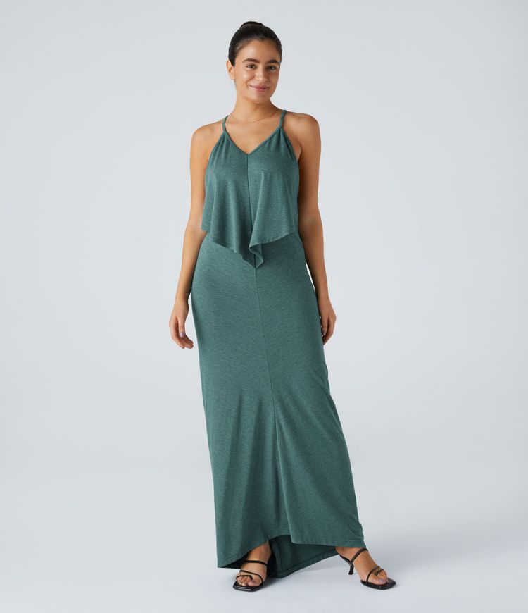 V-Ausschnitt Rückenfreies Band Rücken gerüschtes Maxi Resort Slip Kleid