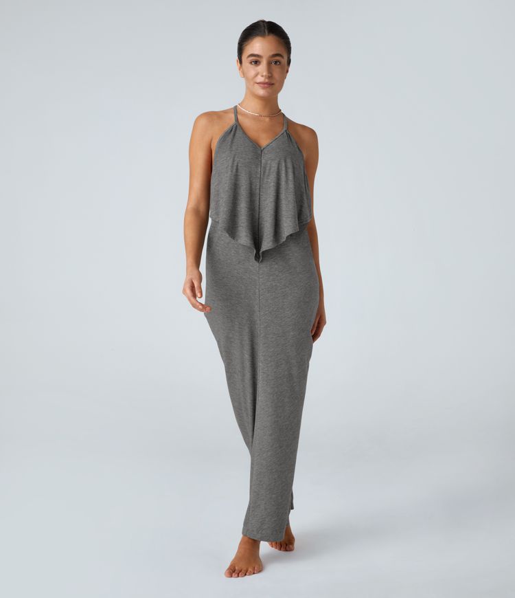 V-Ausschnitt Rückenfreies Band Rücken gerüschtes Maxi Resort Slip Kleid