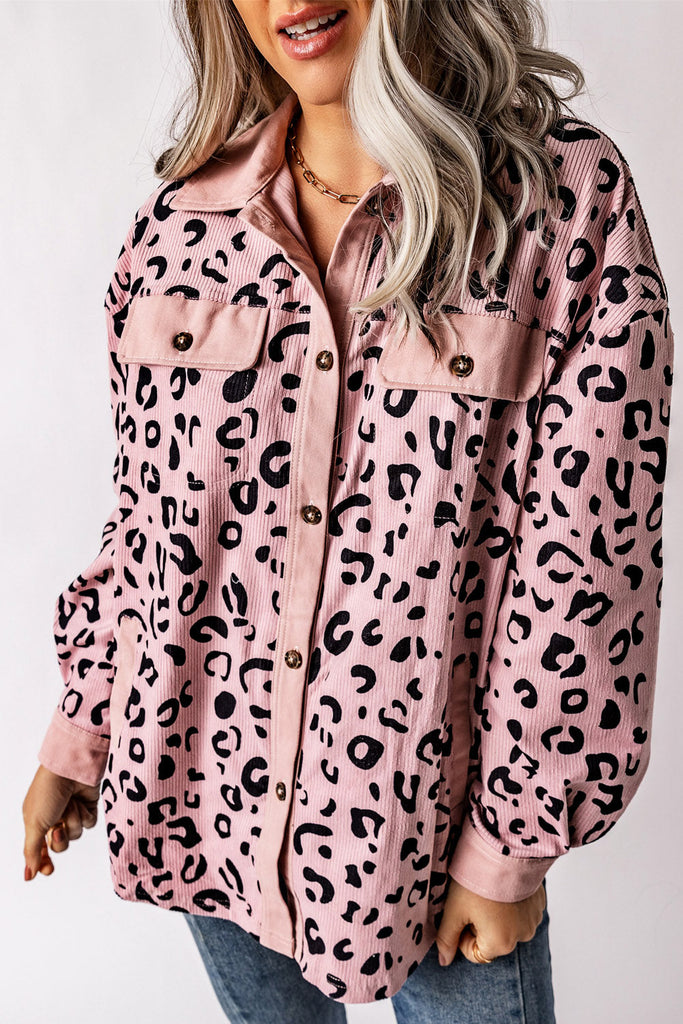 Fascinating pink corduroy jacket with leopard print