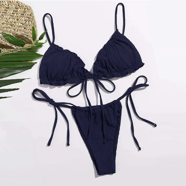 WOLFF – Damen-Sommer-Bikini-Set im einfarbigen Bandage-Stil mit Mini-String-Unterteil