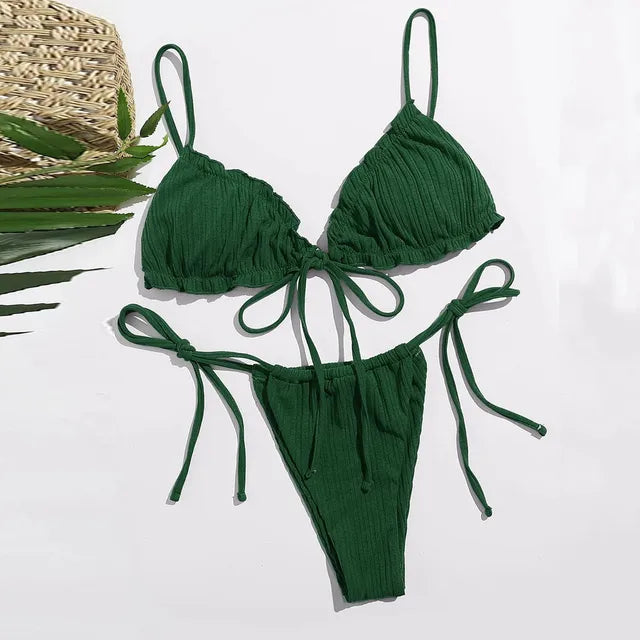 WOLFF – Damen-Sommer-Bikini-Set im einfarbigen Bandage-Stil mit Mini-String-Unterteil