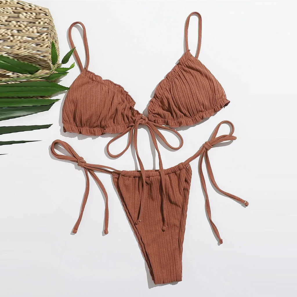 WOLFF – Damen-Sommer-Bikini-Set im einfarbigen Bandage-Stil mit Mini-String-Unterteil