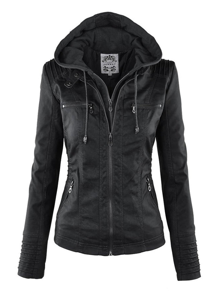 WOLFF Lederimitat Mantel | Damen Kapuzenjacke: Basic PU-Jacke