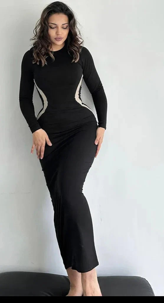 WOLFF - Damen Schwarzes O-Ausschnitt Langarm-Bodycon-Maxikleid