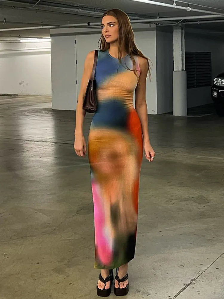 WOLFF - Damen Midi-Kleid mit Tie-Dye-Druck und Rippenmuster - Bodycon-Stil mit seitlichem Schlitz