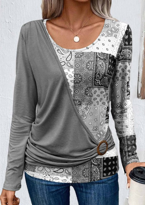 WOLFF Bedrucktes Patchwork Langarm-Strick-T-Shirt