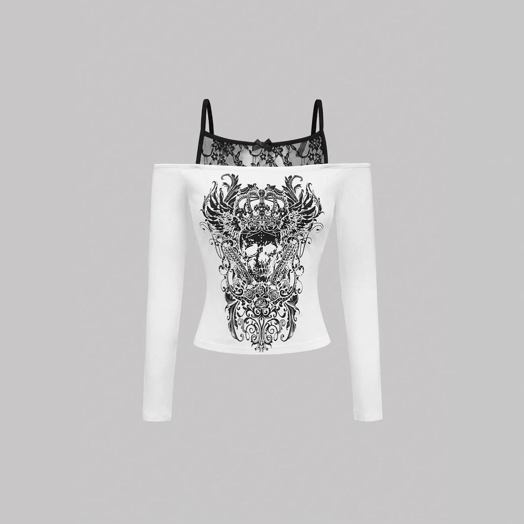 Damen Off-Shoulder Top mit feinem Spitzen-Overlay und kreativem Grafikdruck WOLFF