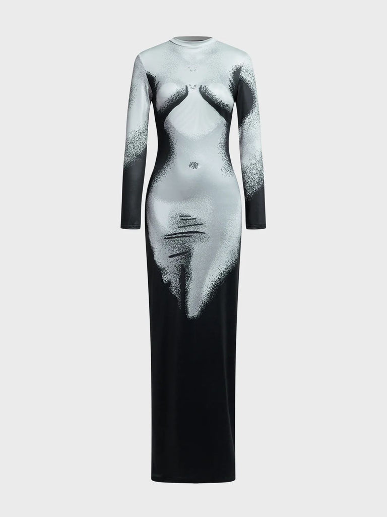 Damen figurbetontes Langarmkleid mit künstlerischem Print WOLFF