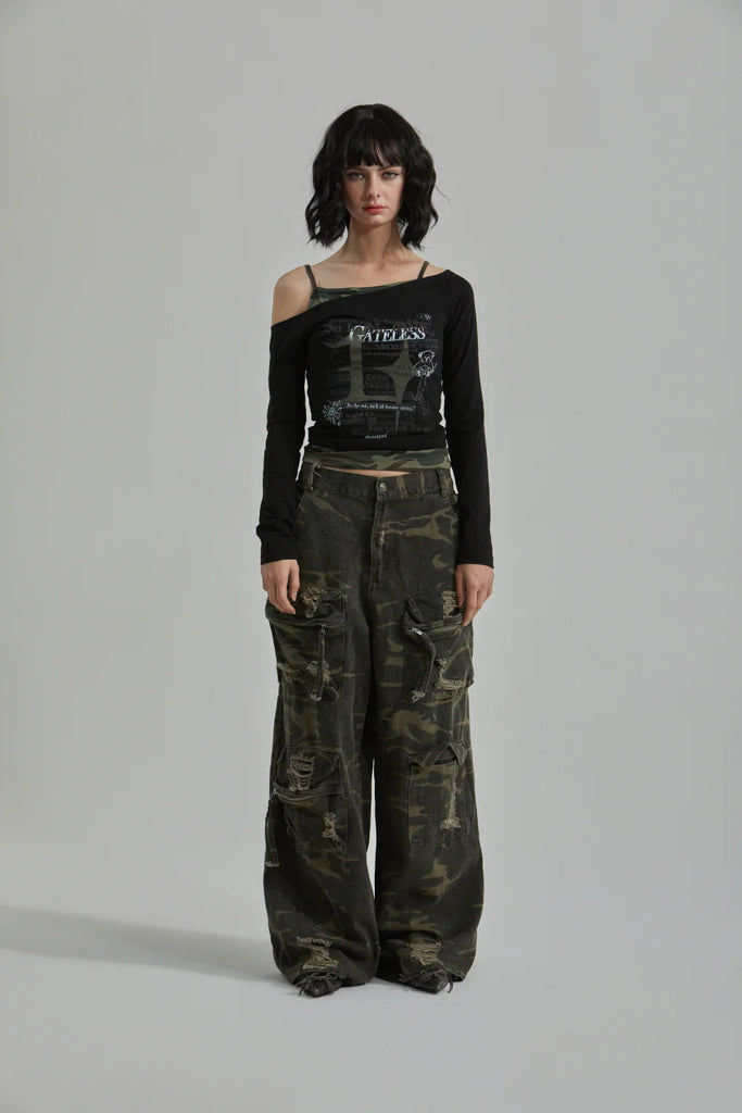 Damen Crop-Top mit asymmetrischem Design und künstlerischem Print WOLFF