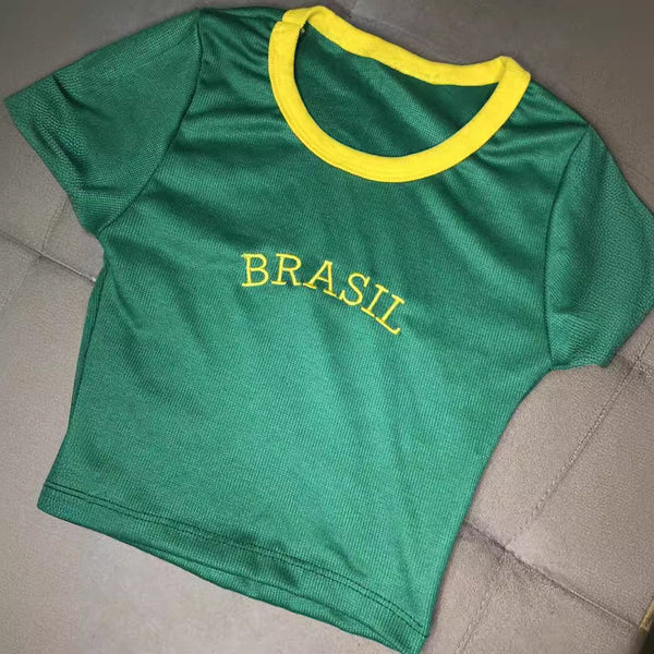 Damen Crop-Top mit kontrastierendem Rundhalsausschnitt und sportlichem Brasil-Print WOLFF