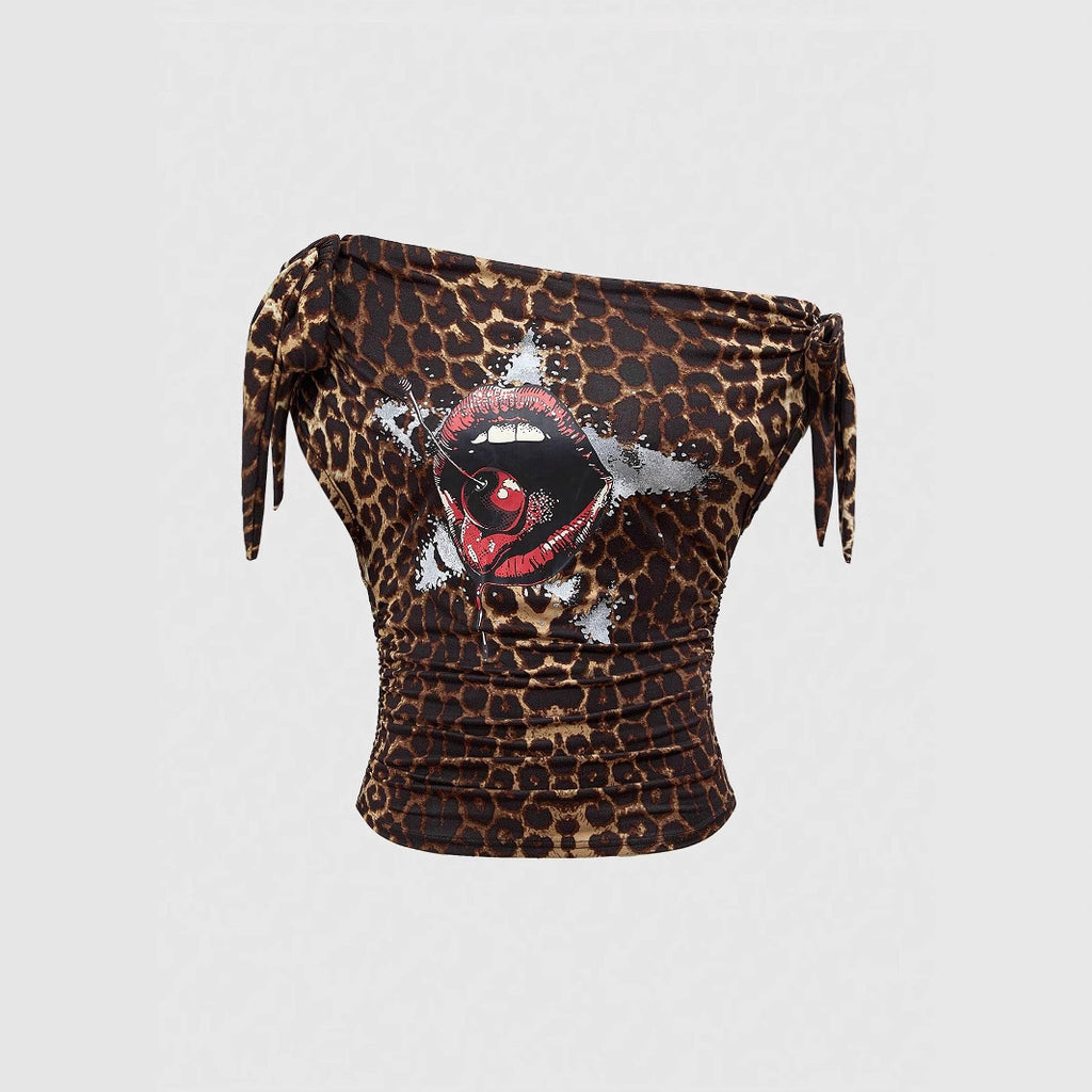 Damen Crop-Top mit innovativem Off-Shoulder-Design und animalischem Print WOLFF