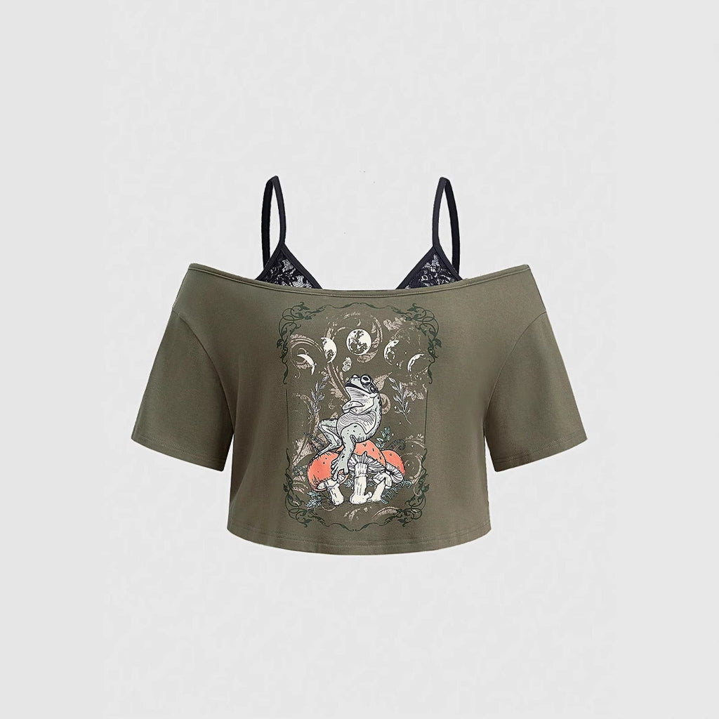 Damen Off-Shoulder Crop-Top mit kreativem Grafikdruck und verstellbaren Trägern WOLFF