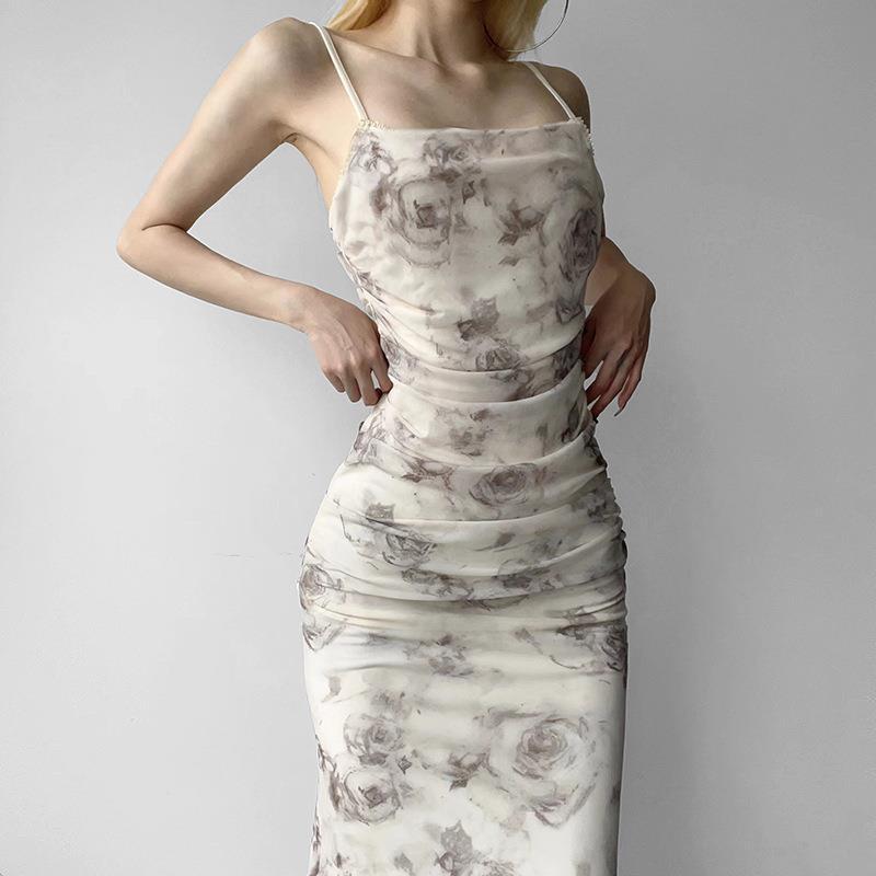 Damen Elegant drapiertes Abendkleid mit floralem Muster und verstellbaren Trägern WOLFF